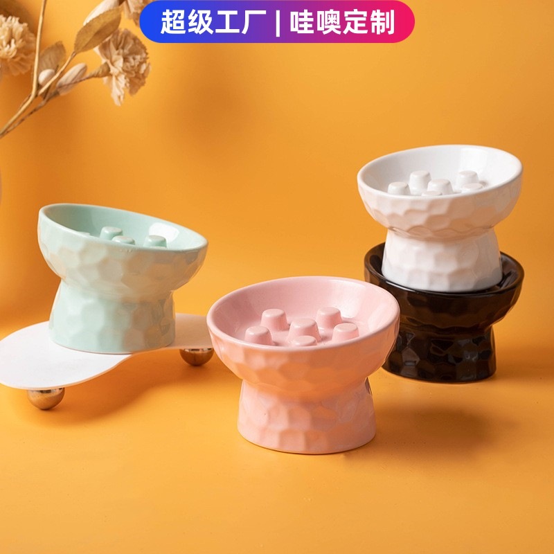 WOW ที่กำหนดเองแมวชามเซรามิคสูงช้าอาหาร Anti-Chinging Anti-TIP Sloping คอ Protector สัตว์เลี้ยงแมวชามข้าวอาหารแมวอ่างล้างหน้า